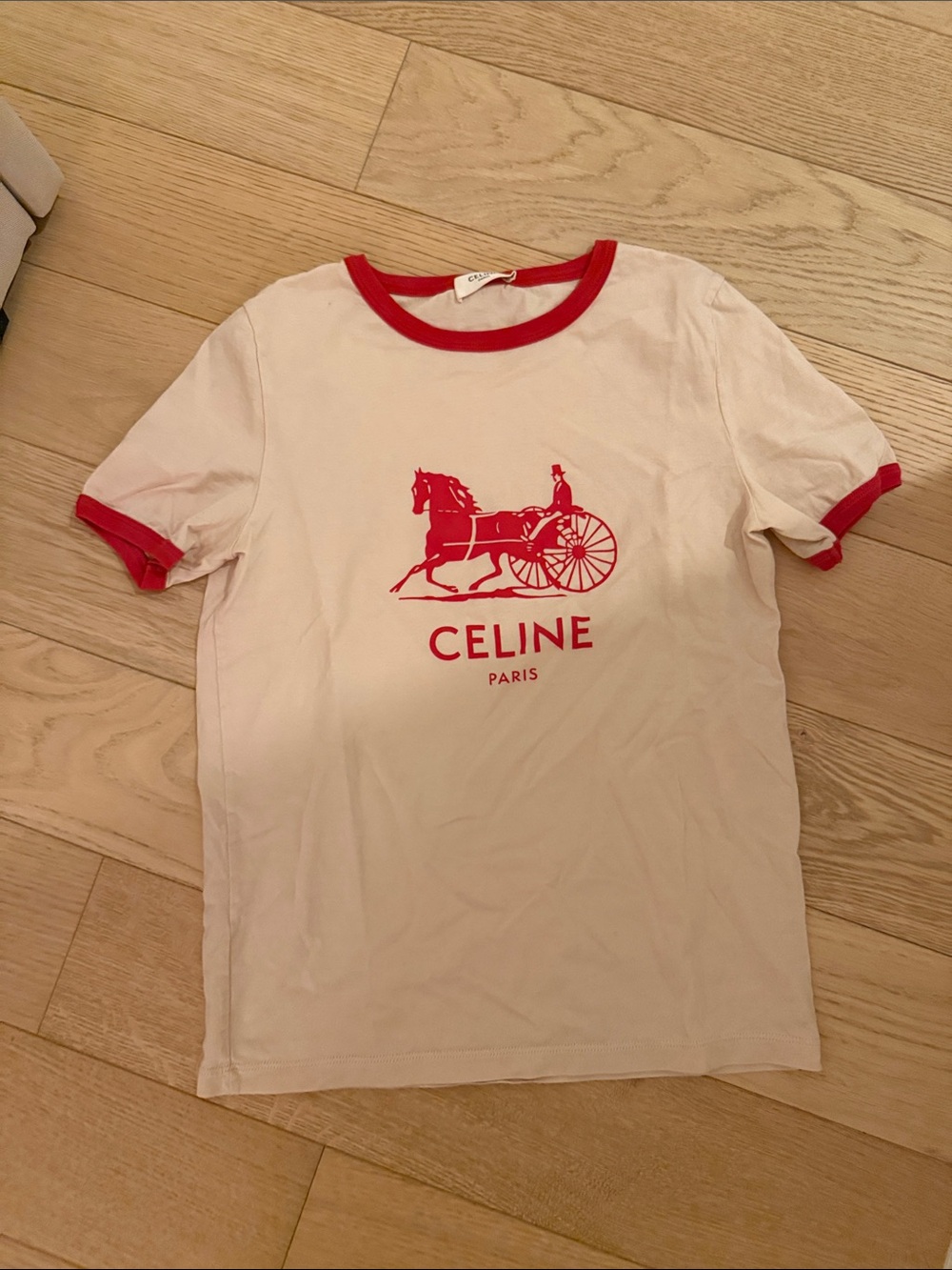 CELINE Cream & Red Logo Ringer Tee